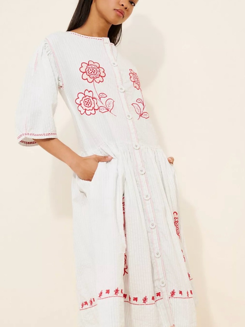 Free People Sagatuck midi White Dress with Red Floral Embroidery - Picture 4 of 10